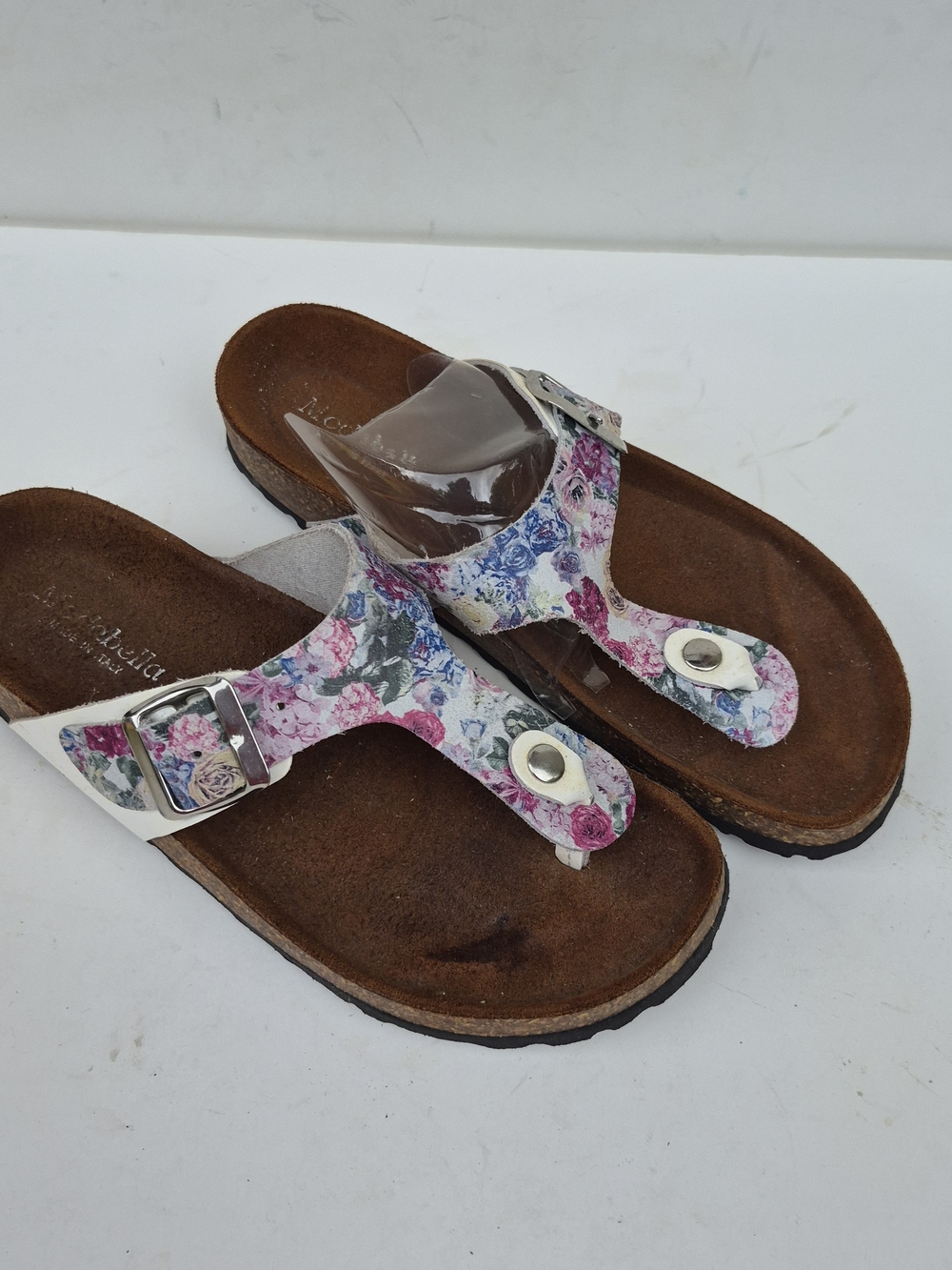 Women's Floral T-strap Leather Sandals - Pink/Blue Floral